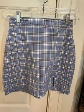 Plaid Mini Skirt in Light Blue and White, Size XS
